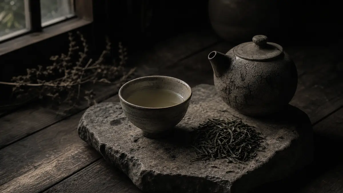 dark atmospheric editorial tea photograph, a single handmade ceramic teacup filled with pale green Korean tea resting on