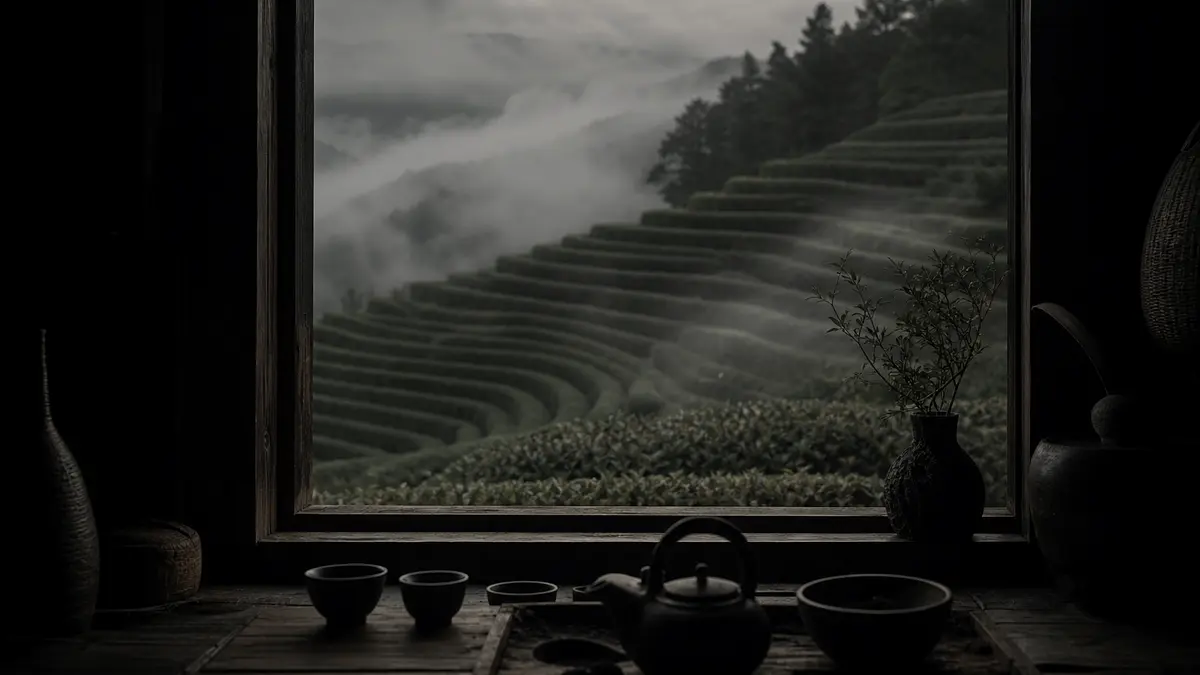 dark atmospheric editorial tea photograph, neat rows of manicured Korean tea bushes on a misty hillside terrace seen thr