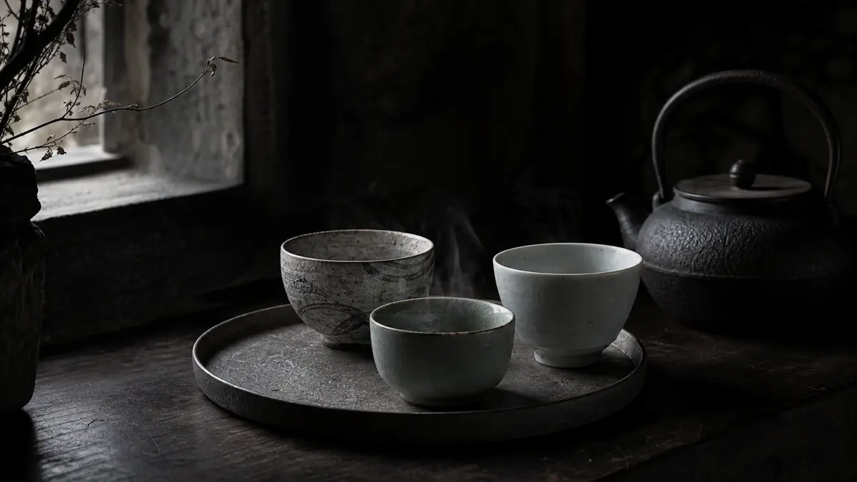 Dark atmospheric editorial photograph of three Korean ceramic tea vessels arranged on aged dark wood surface, one celado