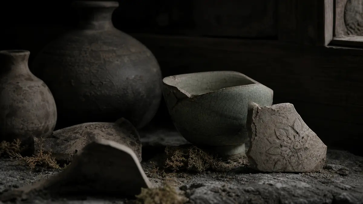 Dark atmospheric editorial photograph of ancient Korean ceramic shards and intact vessels arranged on rough stone surfac