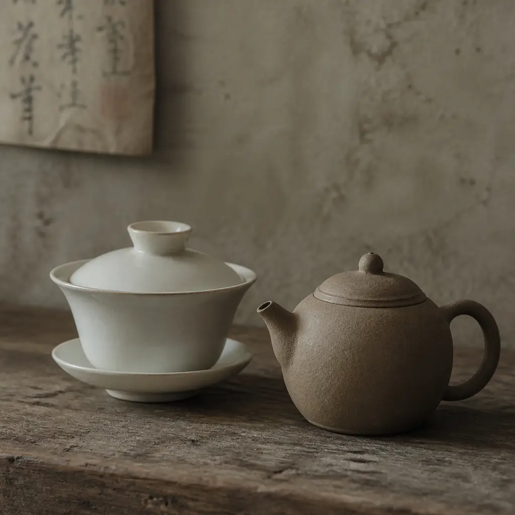 White porcelain gaiwan and unglazed clay teapot resting side by side on weathered wood in soft diffused light
