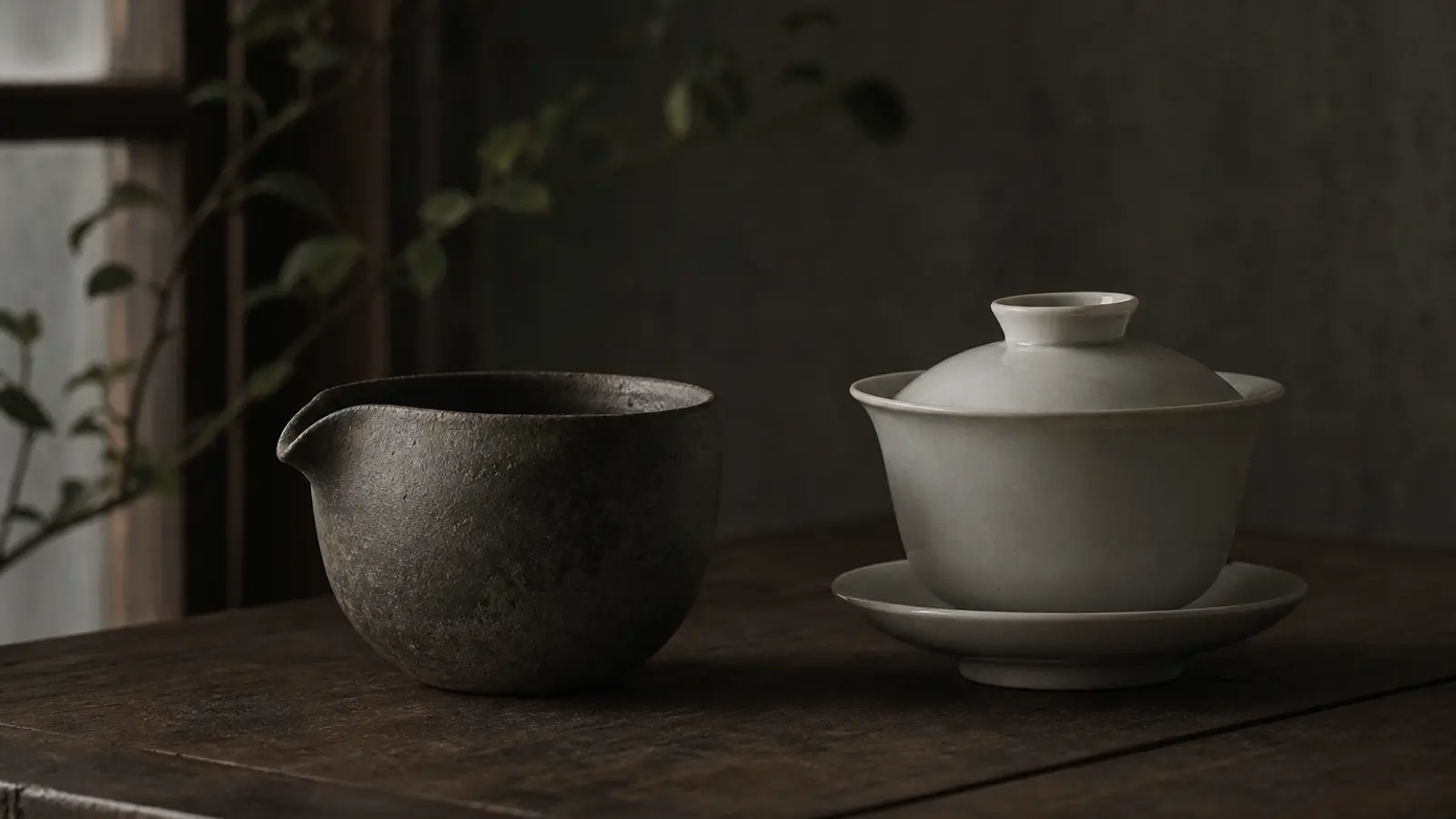 Houhin and white porcelain gaiwan side by side on a wooden surface, highlighting their distinct forms for brewing comparison.