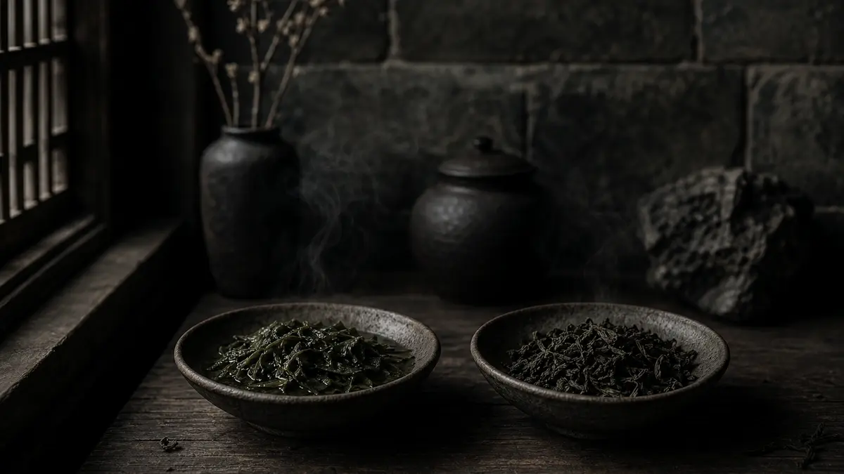 dark atmospheric editorial tea photograph, low natural light from a single window casting deep shadows, a weathered wood