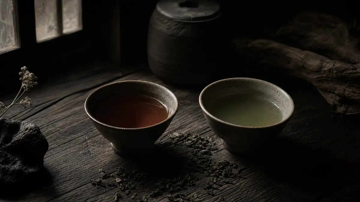 Dark atmospheric editorial tea photograph, two ceramic tea bowls side by side on aged dark wood surface, one containing