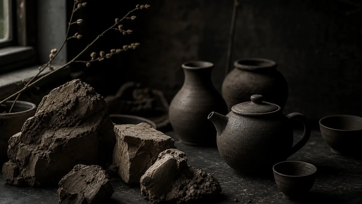 dark atmospheric editorial tea photograph, raw stoneware clay beside fired ceramic tea vessels on a dark slate surface, 
