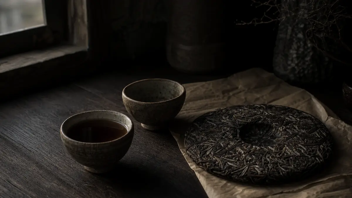 dark atmospheric editorial tea photograph, two aged clay teacups resting on weathered dark wood surface, one filled with