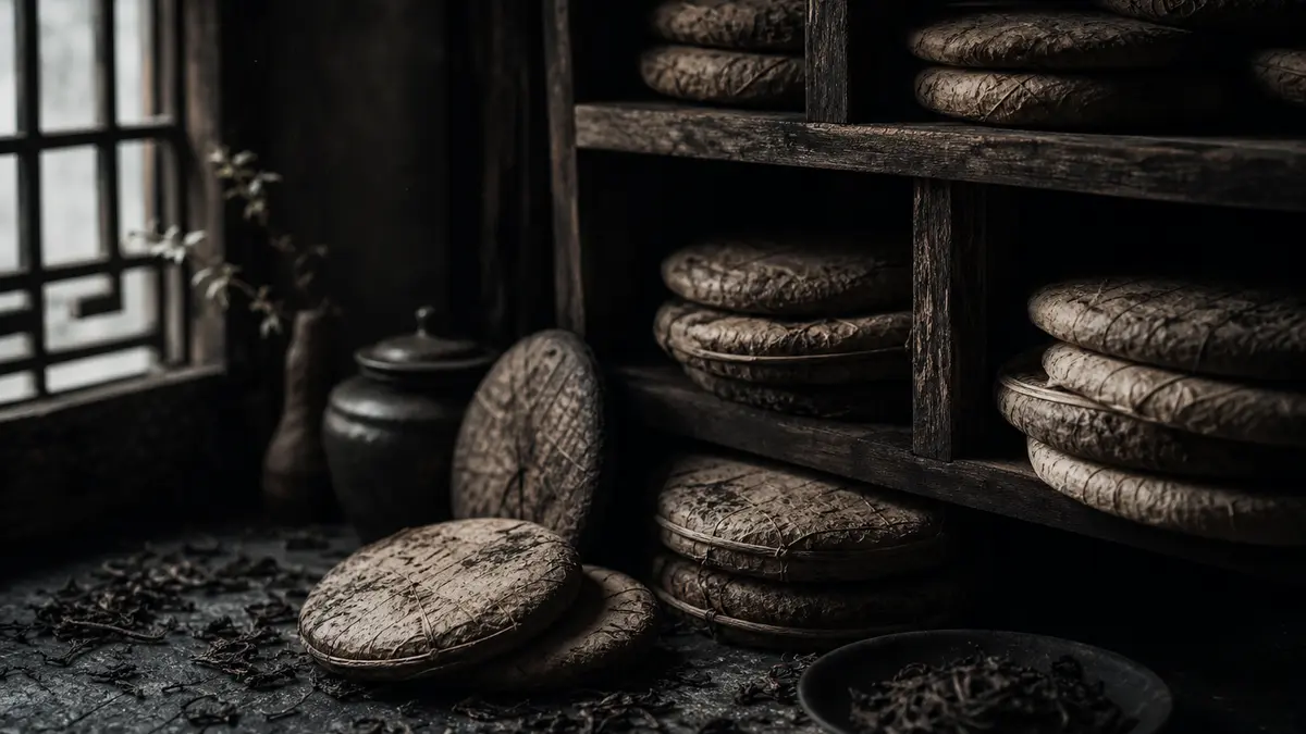 dark atmospheric editorial tea photograph, several aged pu-erh tea cakes stacked and stored on dark wooden shelving, wra