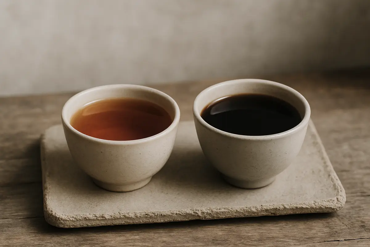 Two cups of tea side by side showing the color contrast between amber-red hong cha and deep dark hei cha pu-erh