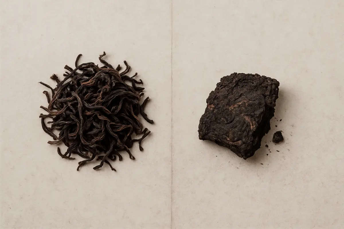 Pu-erh tea cake and loose black tea leaves beside a gaiwan of dark brewed tea, showing the contrast in leaf appearance and liquor