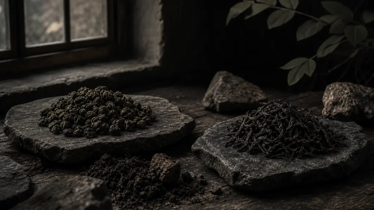 Dark atmospheric editorial tea photograph, low natural light from a single window casting deep shadows. A weathered wood