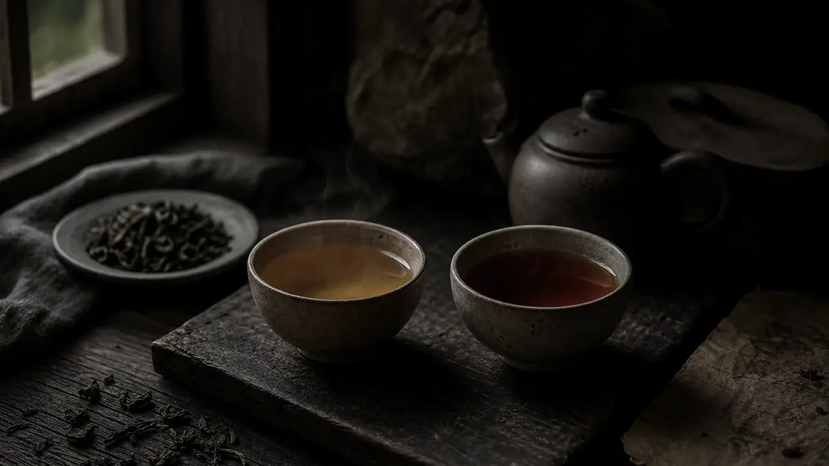 Dark atmospheric editorial tea photograph, low natural light filtering from one window, deep moody shadows. Two ceramic 