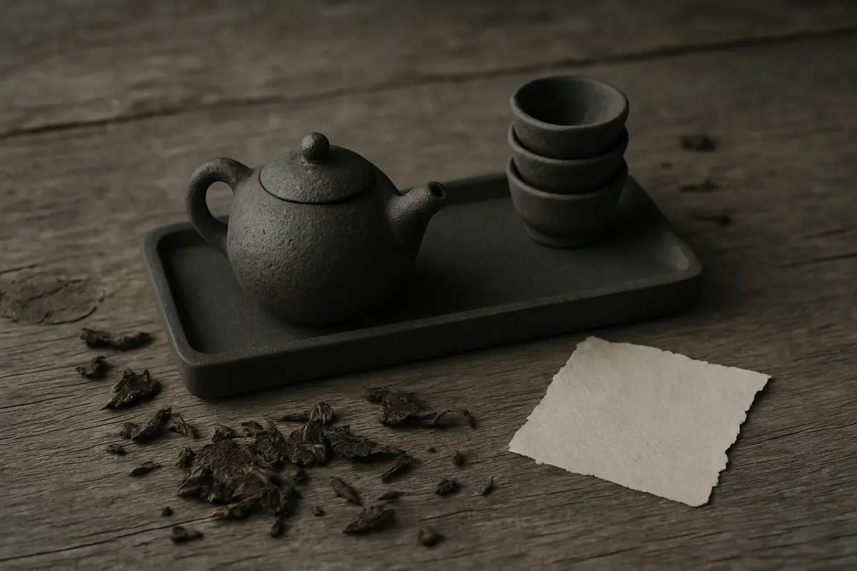 A serene tea ceremony scene on a pale wooden surface, warm editorial photography style, soft natural morning light