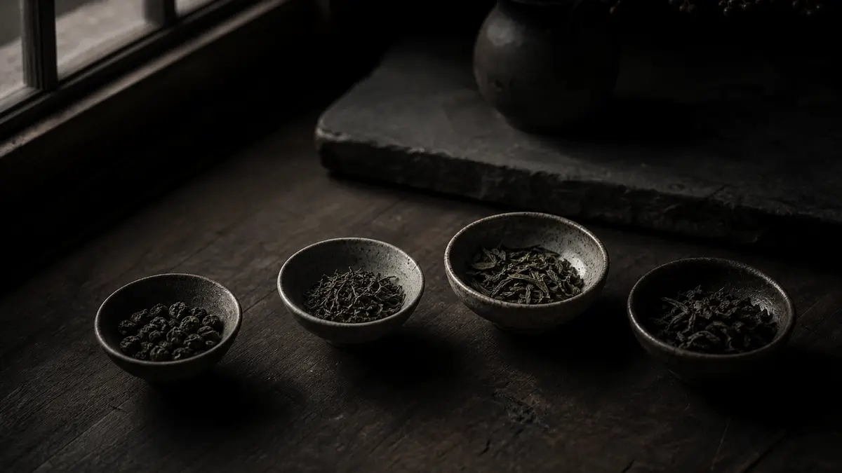 dark atmospheric editorial photograph of four small ceramic bowls arranged on aged dark wood, each containing different 