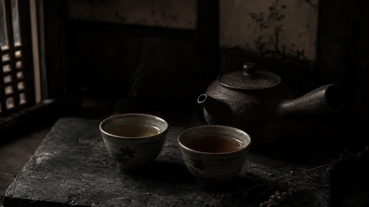 dark atmospheric editorial photograph of two small traditional Korean ceramic teacups side by side on a dark stone surfa