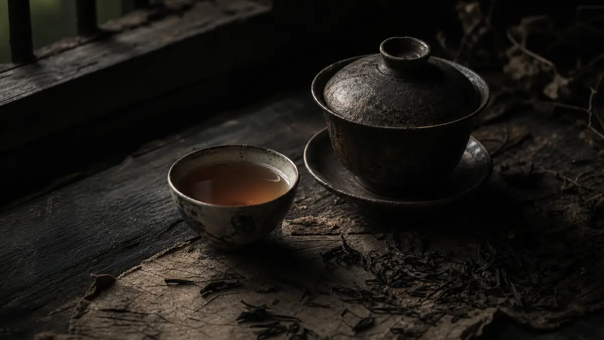 Dark atmospheric editorial tea photograph, a weathered clay gaiwan and small aged porcelain cup resting on a rough dark 