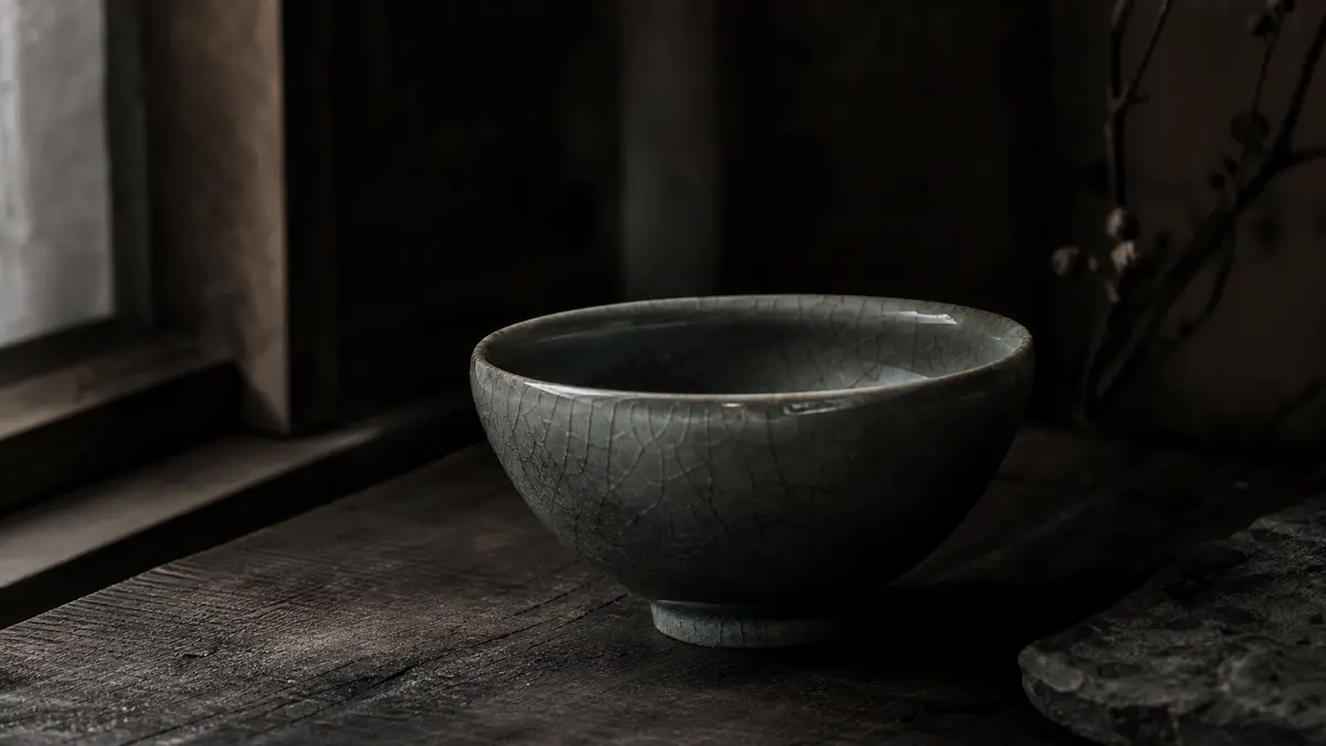 dark atmospheric editorial tea photograph, a single Korean celadon teabowl resting on weathered dark wood surface, low n