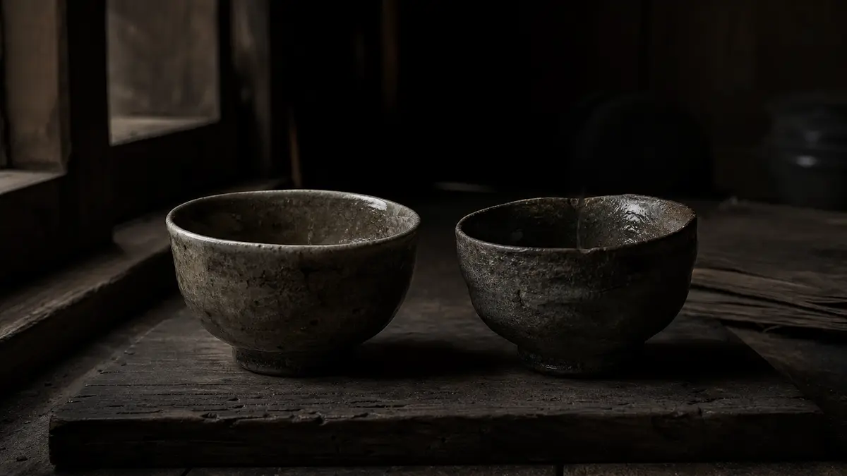 dark atmospheric editorial tea photograph, two Korean stoneware teabowls of slightly differing character placed side by