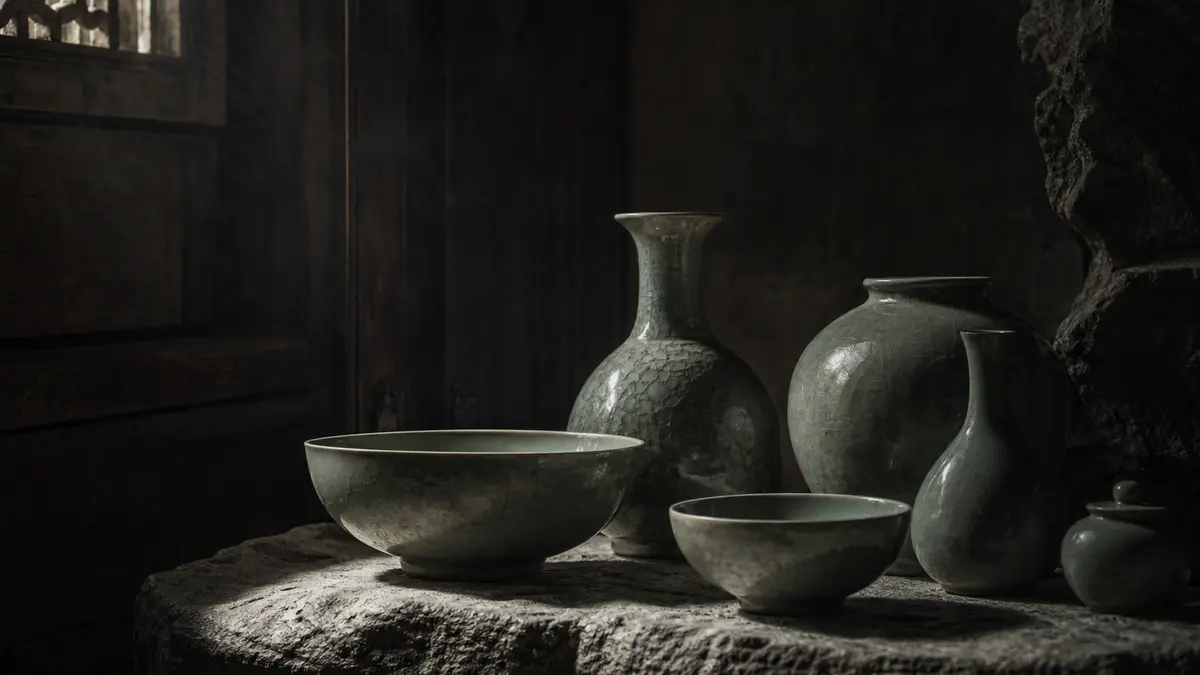dark atmospheric editorial photograph of ancient Korean celadon bowls and vases with distinctive muted jade glaze restin