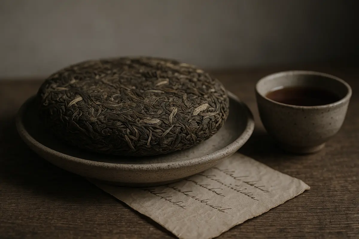 Aged sheng pu-erh cake with tasting cup and handwritten notes on linen, evoking wine cellar seriousness applied to tea