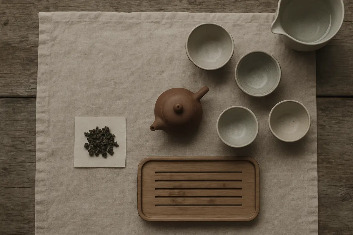 Overhead view of a complete gongfu tea set with gaiwan, fairness pitcher, and three small cups on a bamboo tray