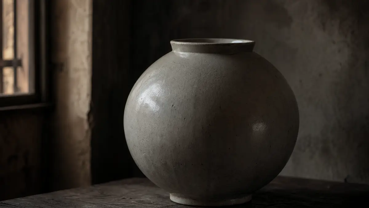 dark atmospheric editorial photograph of a large round white Korean moon jar ceramic vessel, low natural light from a si