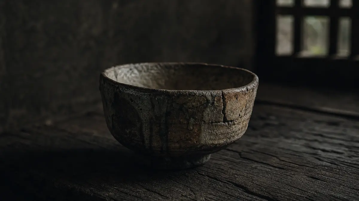 dark atmospheric editorial tea photograph, a single ancient Korean ido chawan tea bowl resting on weathered dark wood su