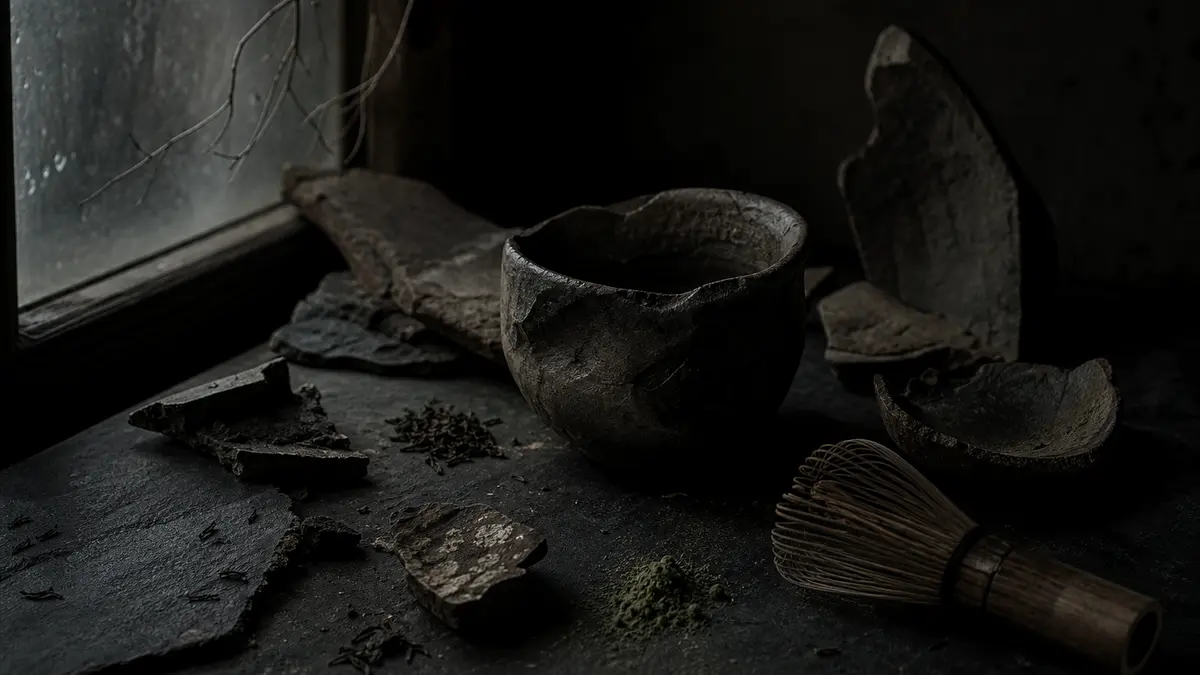 dark atmospheric editorial tea photograph, collection of rough unglazed ceramic shards and an imperfect hand-formed tea 