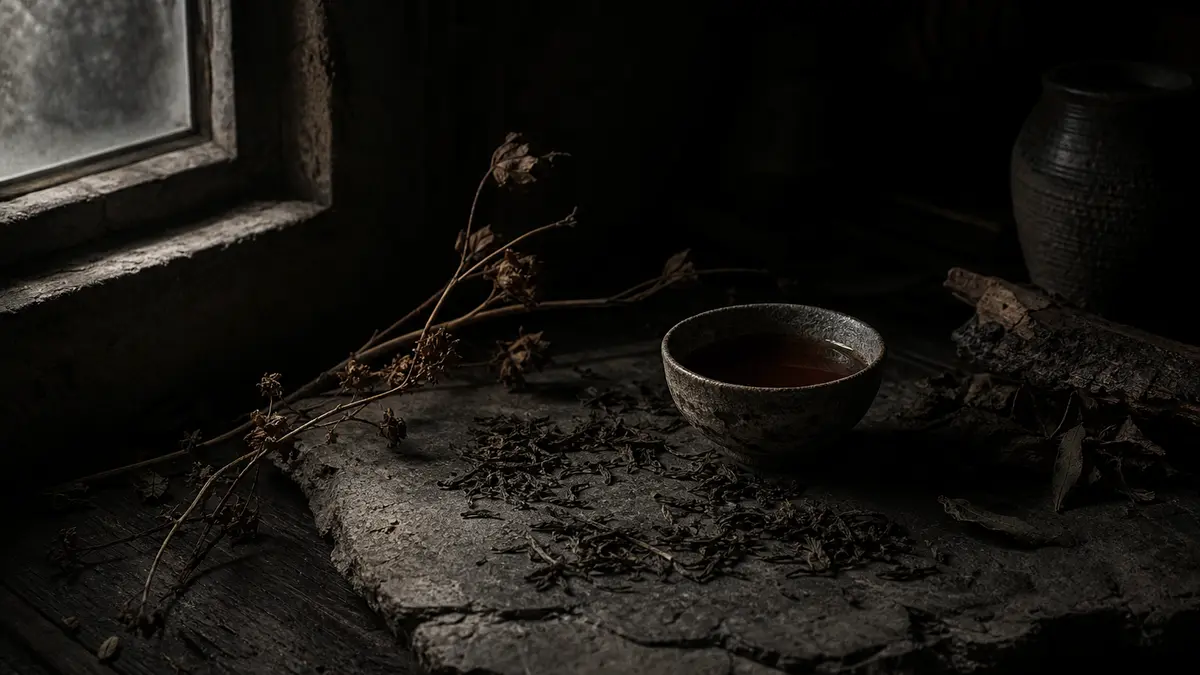 Dark atmospheric editorial photograph of dried tea leaves scattered across cracked weathered stone, a solitary rough cer