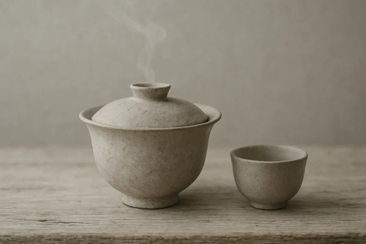 Steaming gaiwan with lid slightly ajar on warm wood surface, steam curling upward in soft natural light