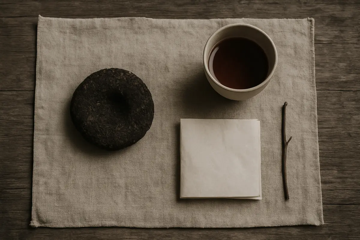 Aged pu-erh tea cake partially unwrapped beside a small clay cup of amber tea in warm golden light
