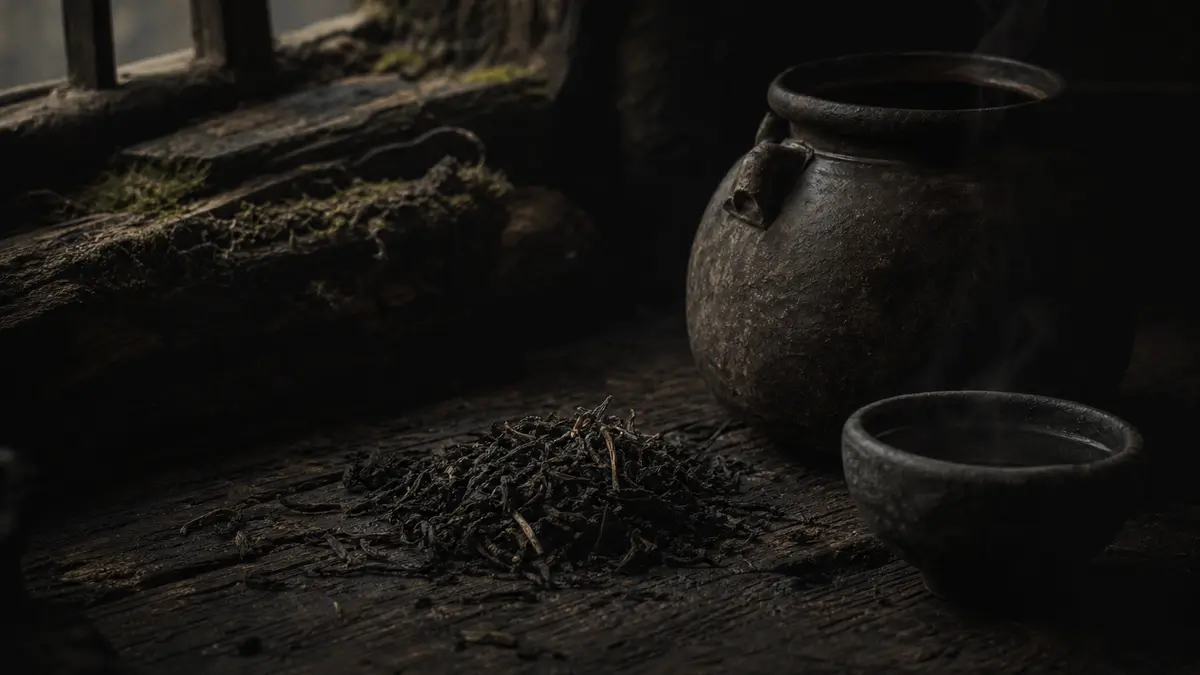 Dark atmospheric editorial photograph of aged pu-erh tea leaves loosely scattered on a weathered dark wood surface, anci