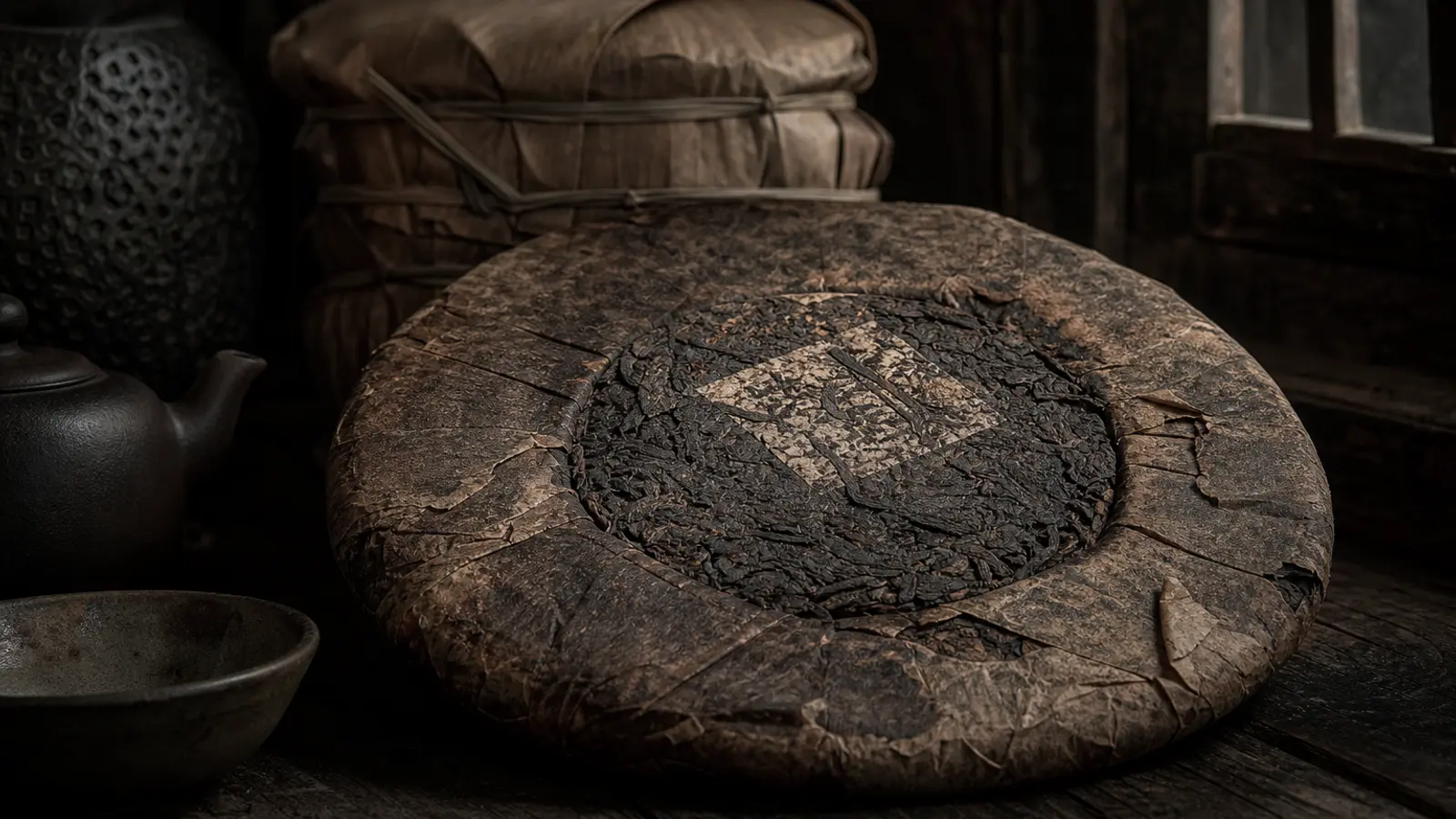 Aged pu-erh tea cake with darkened wrapper and patina resting on wood, warm light highlighting decades of compressed tea texture.