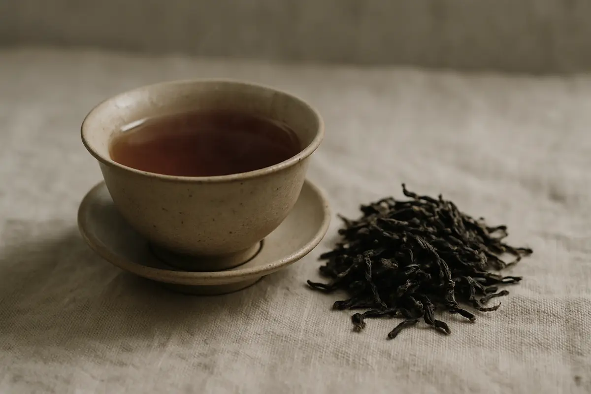 Ceramic gaiwan with amber Da Hong Pao oolong tea beside dry twisted leaves on cream linen in warm natural light