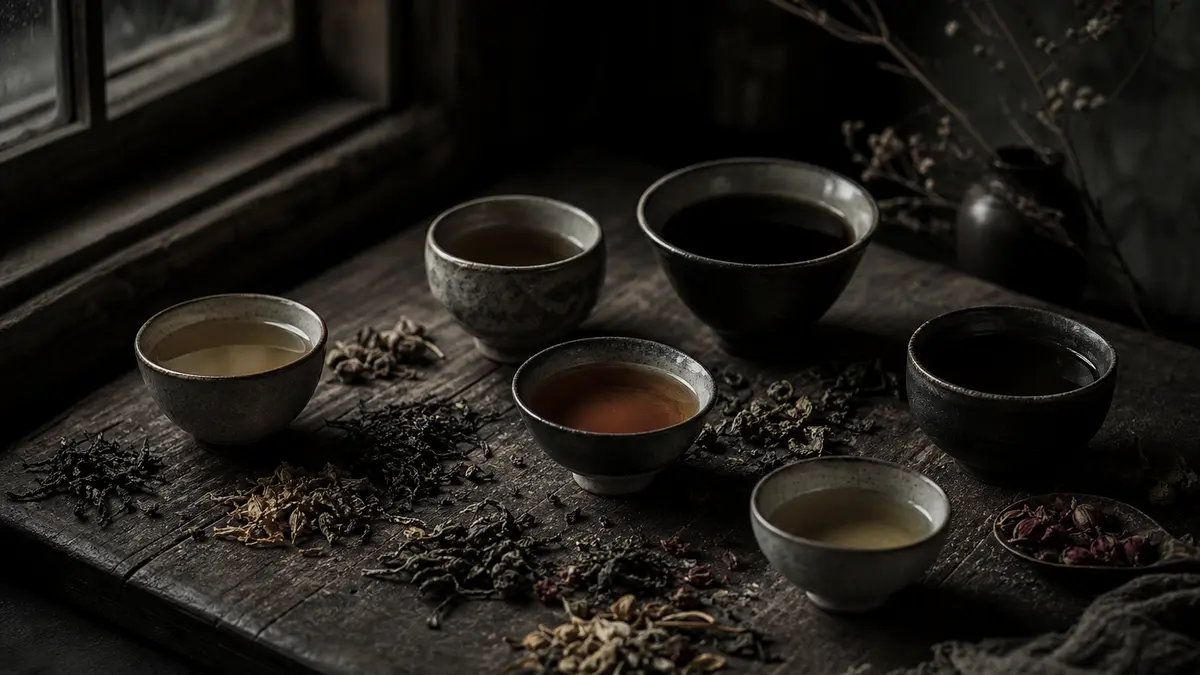 Dark atmospheric editorial tea photograph, six distinct small ceramic vessels and cups arranged on aged dark wood surfac