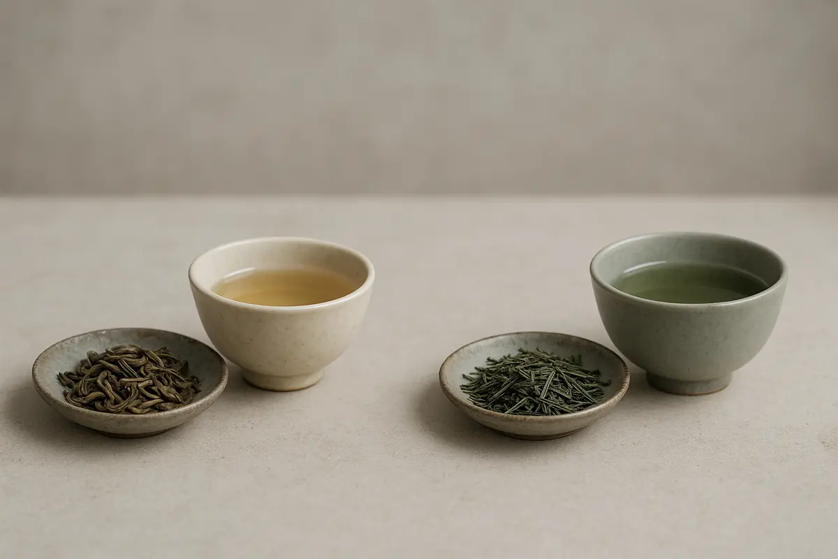Warm editorial tea photography showing a simple ceramic gaiwan on a weathered surface, soft natural light