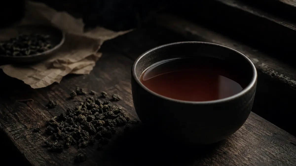Dark atmospheric editorial tea photograph, a wide-mouthed dark clay teacup filled with deep reddish-brown tea liquor sit
