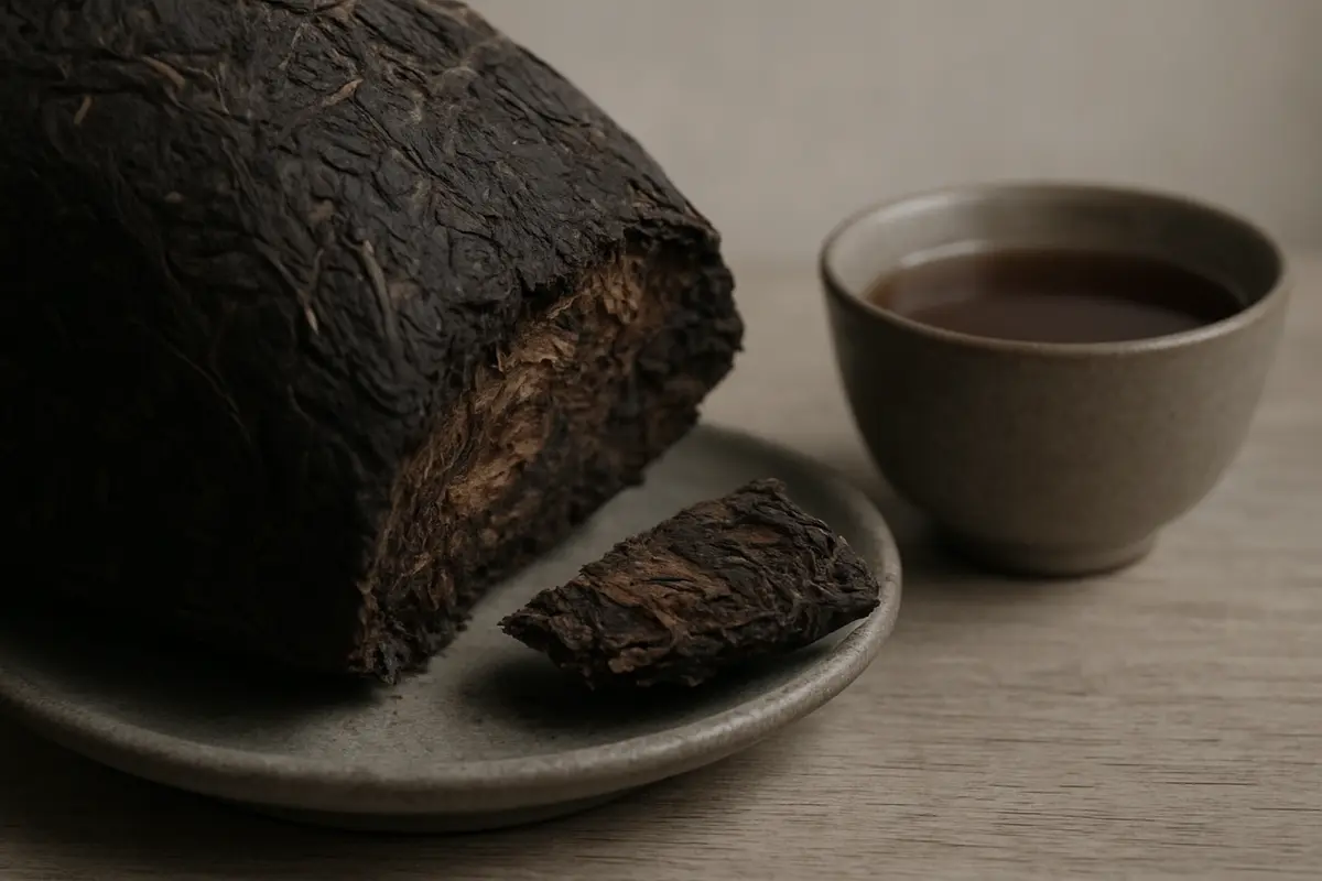 Cross-section of an aged pu-erh cake beside a bowl of deep amber liquor on a worn wooden surface in warm natural light