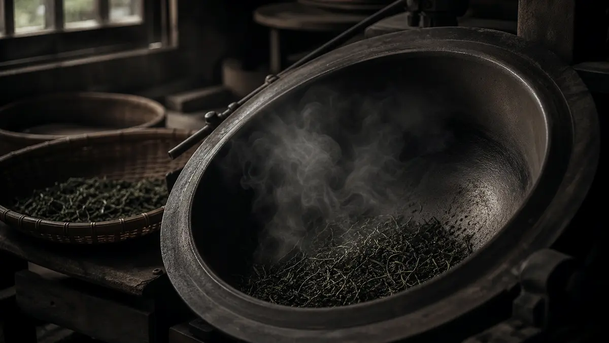 dark atmospheric editorial tea photograph, a large heated iron wok or tumbling drum with wisps of steam rising from part