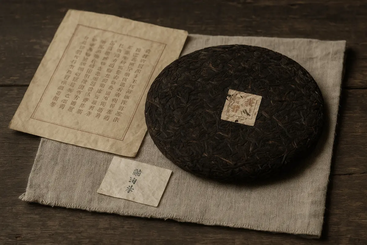 Pu-erh cake with neifei ticket embedded in compressed leaves, neipiao insert, and outer wrapper on wooden surface
