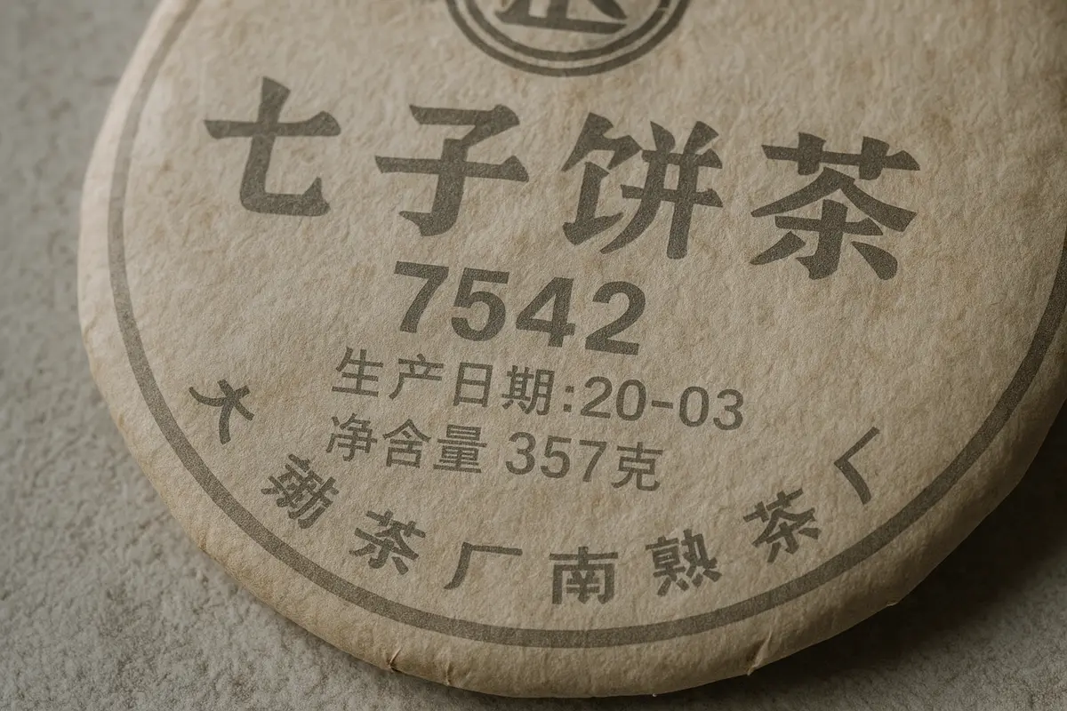 Vintage pu-erh wrapper showing four-digit recipe number 7542 in Chinese print on aged cream paper