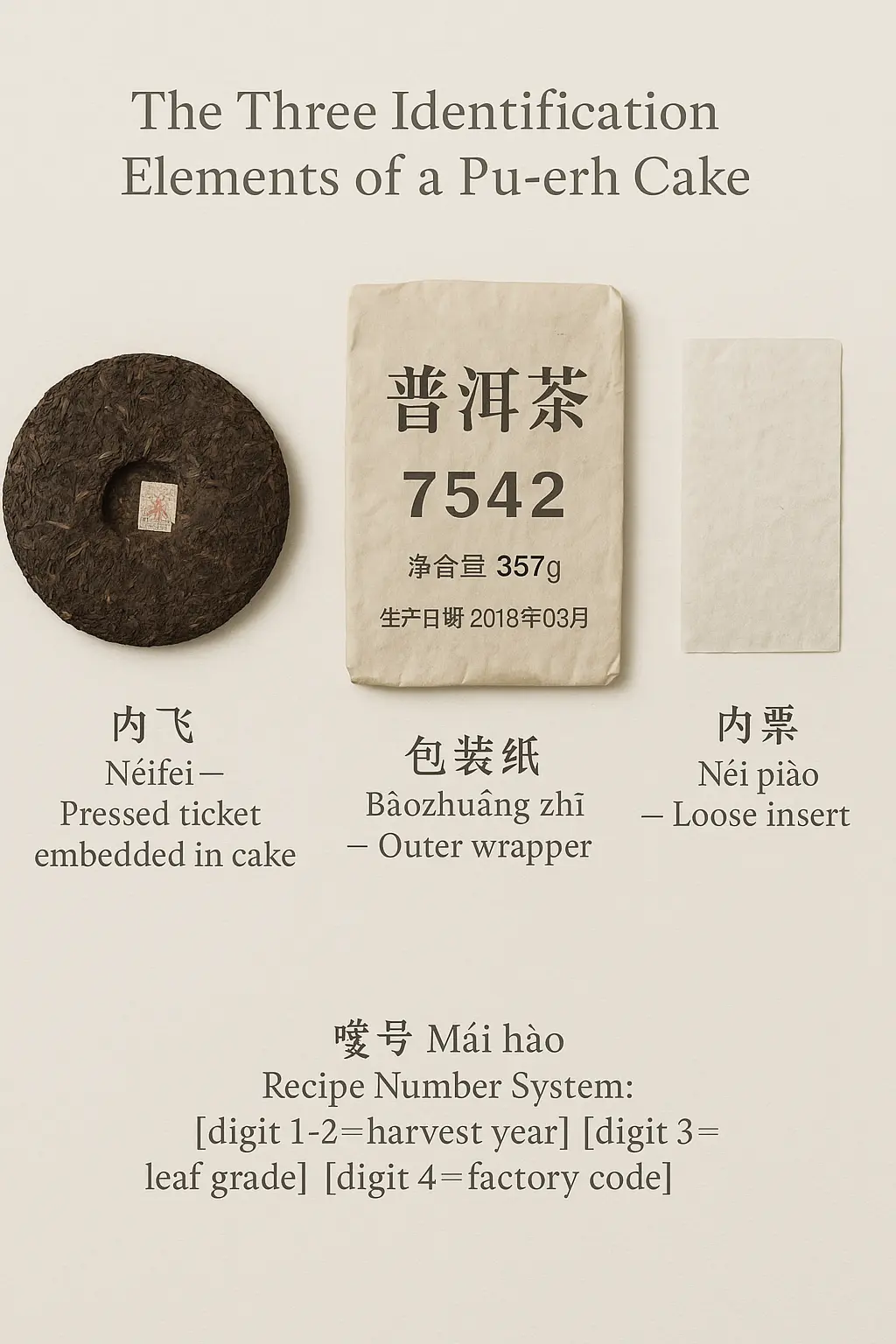 Infographic decoding pu-erh four-digit recipe numbers using 7542 and 8582 as examples, with leaf grade scale explained
