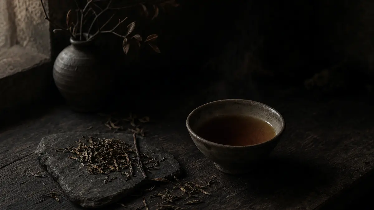 Dark atmospheric editorial tea photograph, small ceramic bowl of brewed hwangcha with deep amber liquid casting a dim wa