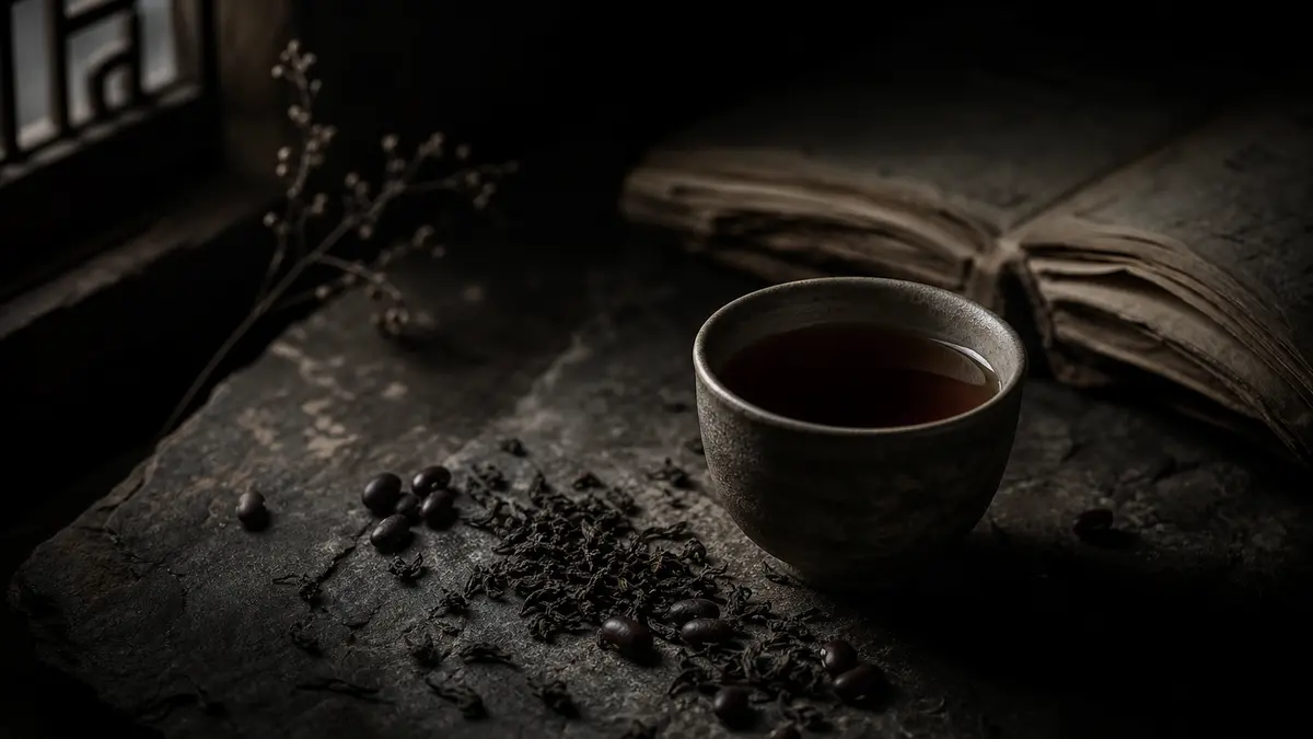 dark atmospheric editorial photograph of a single ceramic teacup filled with deep dark amber tea on a weathered stone su
