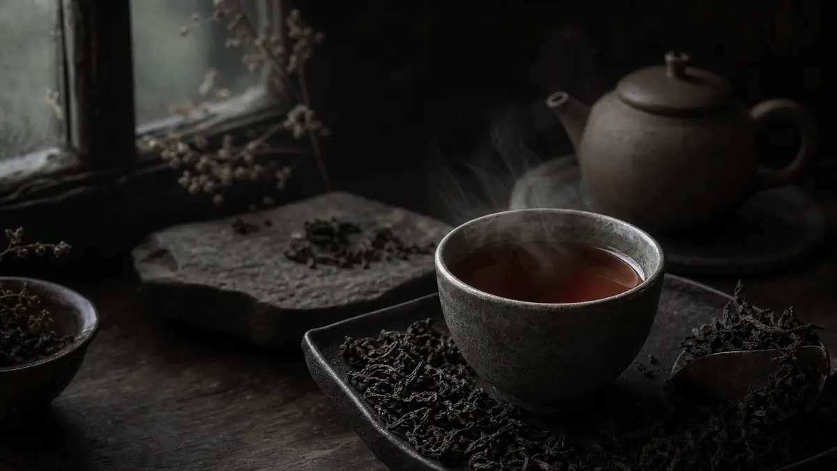 Dark atmospheric editorial tea photograph, low natural light filtering through one window illuminating a rustic stone-gr