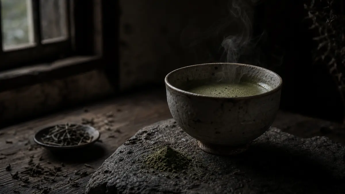 Dark atmospheric editorial tea photograph, a single handmade Korean ceramic tea bowl filled with whisked matcha resting
