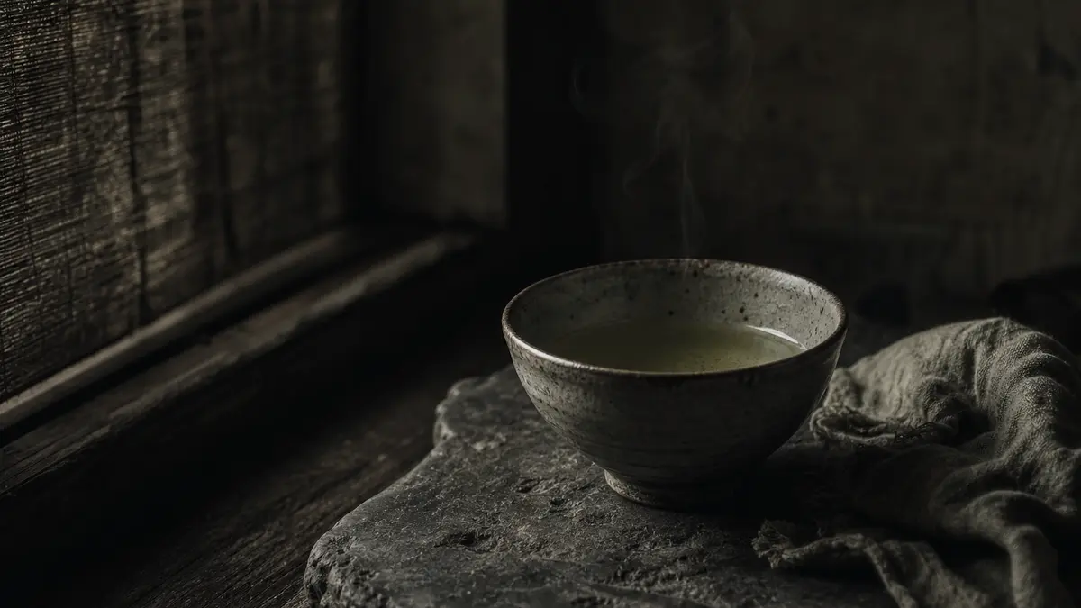 dark atmospheric editorial photograph of a single Korean ceramic tea bowl filled with pale green tea resting on rough st