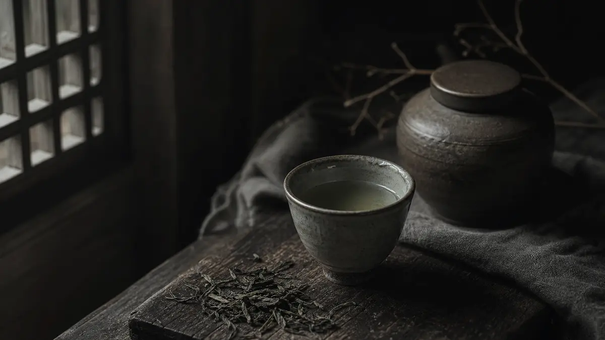 Dark atmospheric editorial photograph of a small Korean ceramic teacup filled with pale green tea, placed on an aged dar