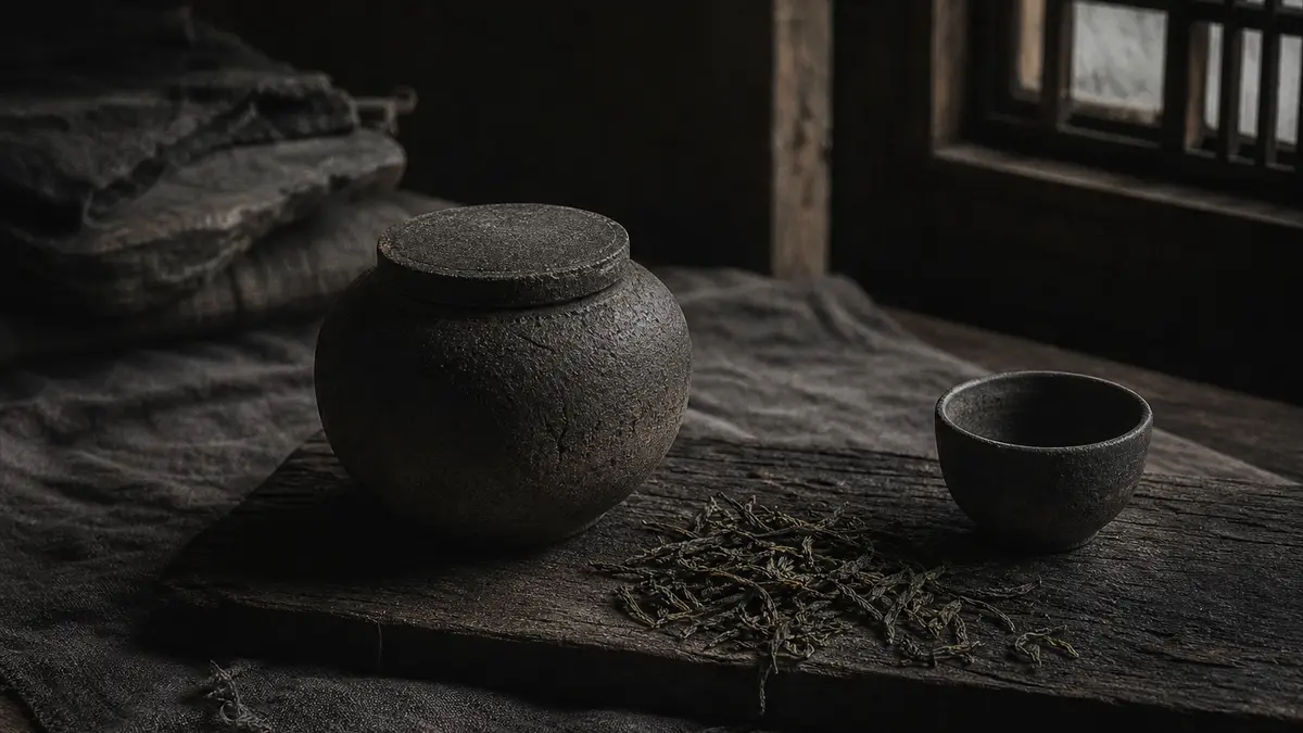 dark atmospheric editorial photograph of a handcrafted Korean ceramic tea caddy with rough unglazed texture sitting on w