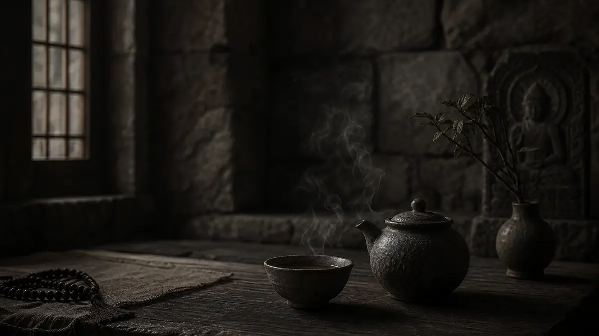 dark atmospheric editorial photograph of a Korean Buddhist temple tea arrangement on aged dark wood table, a single roug