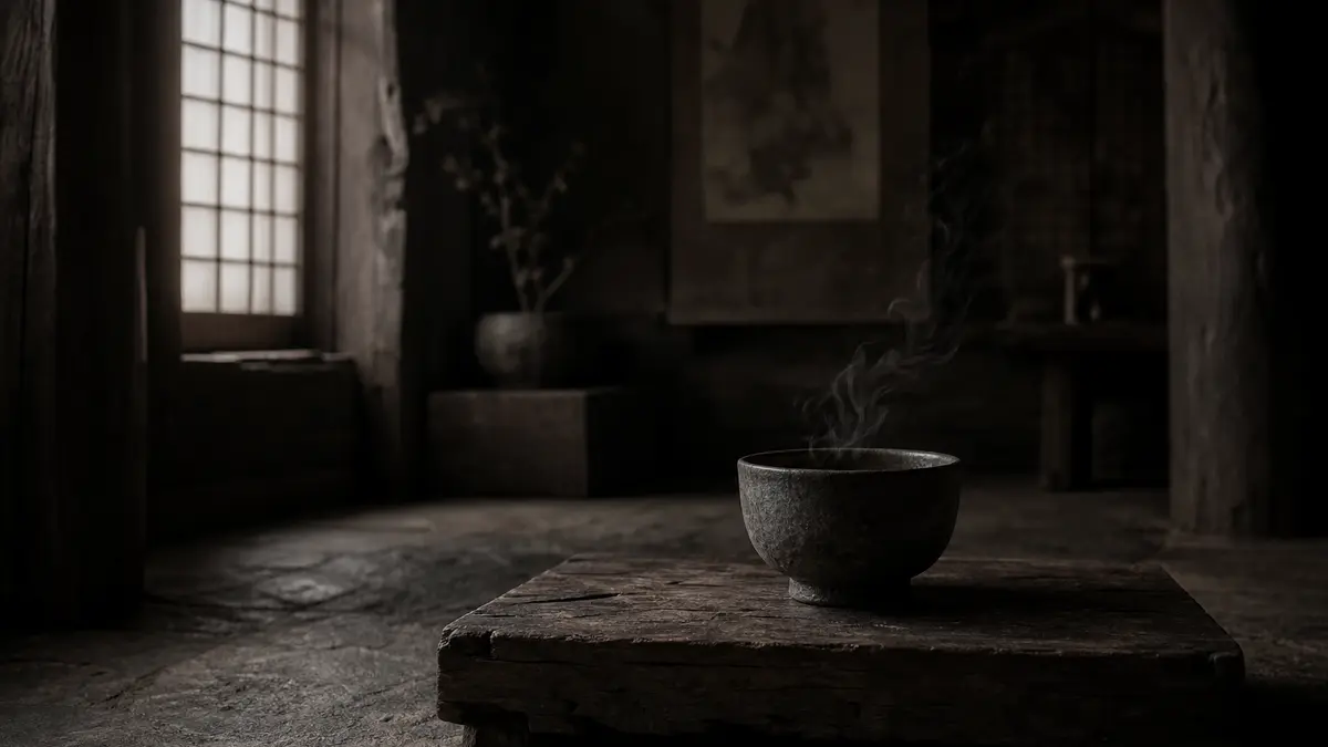 dark atmospheric editorial photograph of a solitary handmade Korean ceramic tea bowl resting on a weathered wooden medit